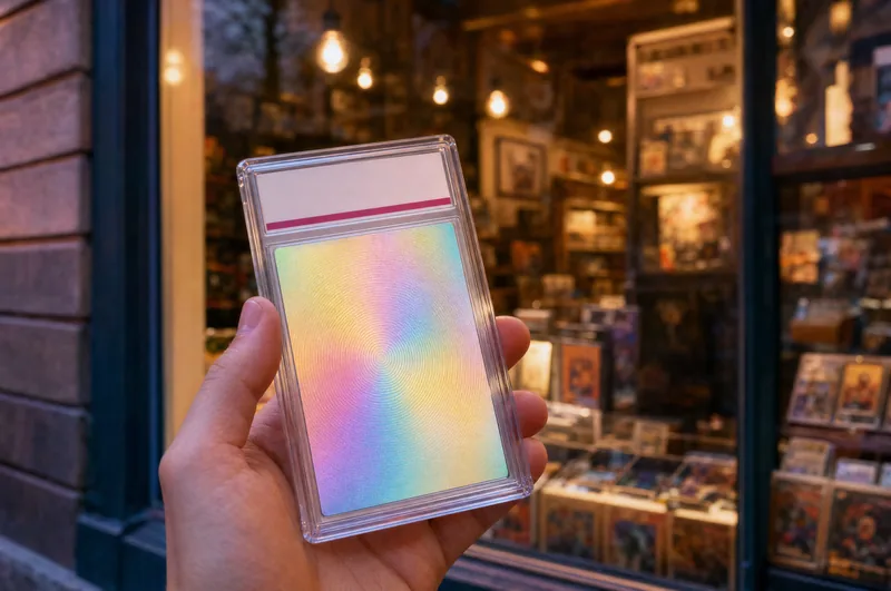 A hand holding a graded card slab in front of a card shop window at dusk