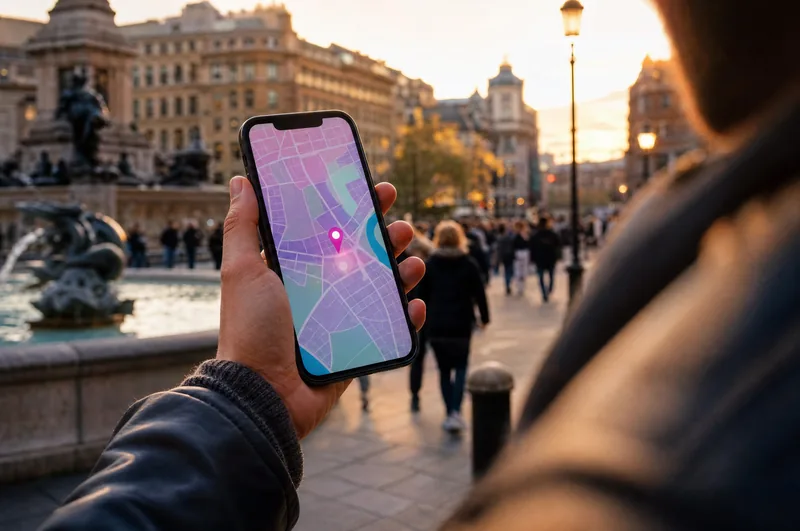 A phone showing the map on a busy city square at sunset